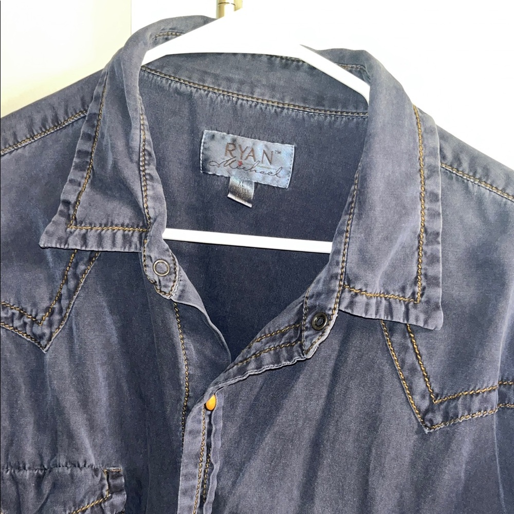 Dark Blue Button-Up Shirt. Ryan Michael